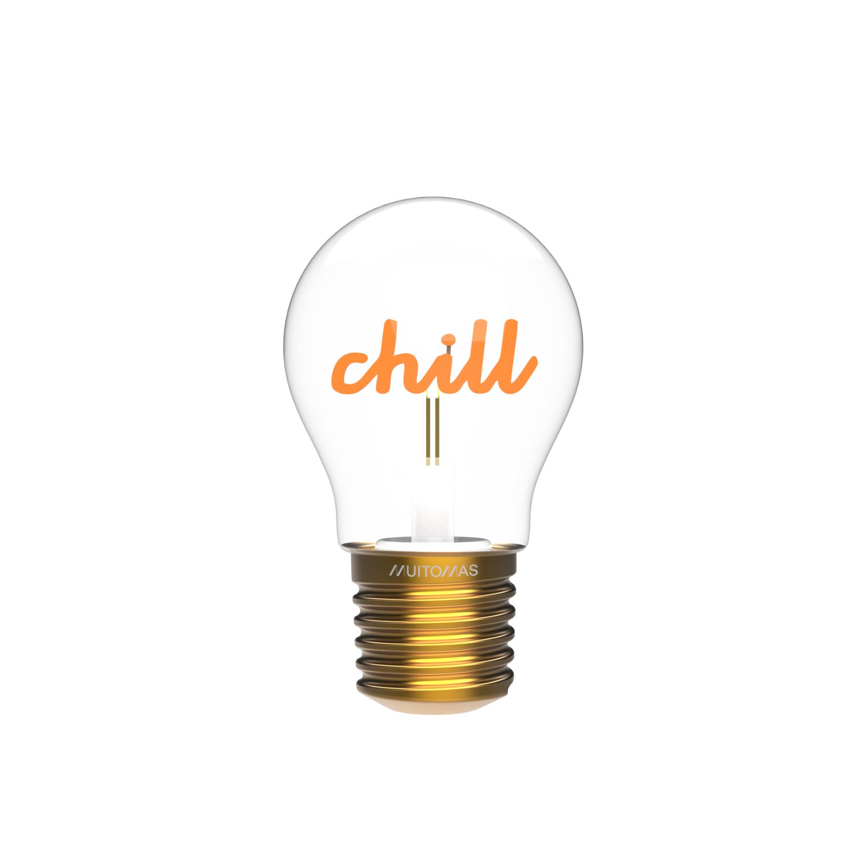 Lampada Decorativa a Forma di Lampadina Muitomas BULBCHILL Filamento LED con Scritta Chill Ricaricabile USB-C Luce Arancione