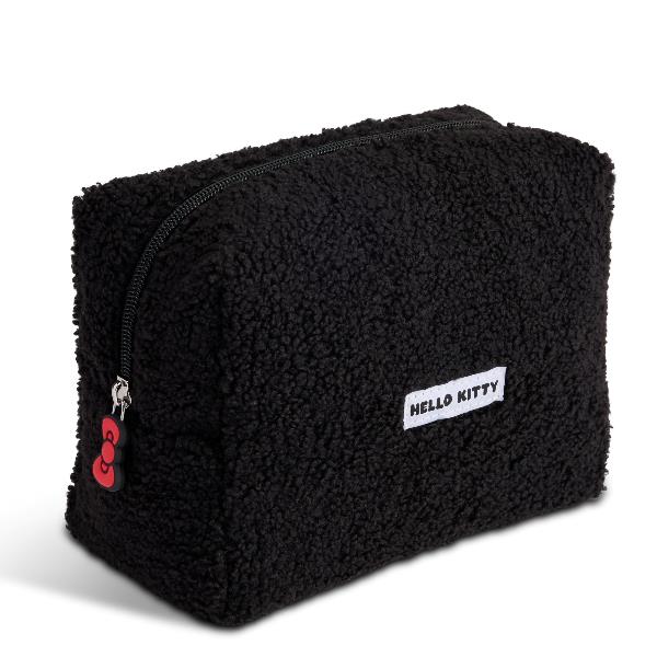 Beauty Case in Tessuto Effetto Teddy Muitomas Hello Kitty Capacità 2L Chiusura Zip con Tira-Zip a Fiocco Nero