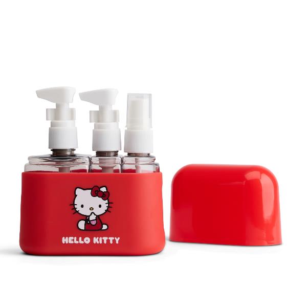 Set Dispenser da Viaggio 3 in 1 Muitomas Hello Kitty HKDISP3IN1RD 3 Flaconcini Spray e Pompa con Custodia in Silicone Bagaglio a Mano Rosso