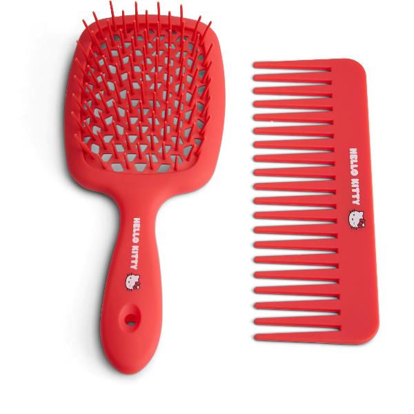 Kit Haircare Muitomas Hello Kitty HKHAIRKITRD Spazzola Ventilata Districante e Pettine a Denti Larghi con Custodia Trasparente Zip
