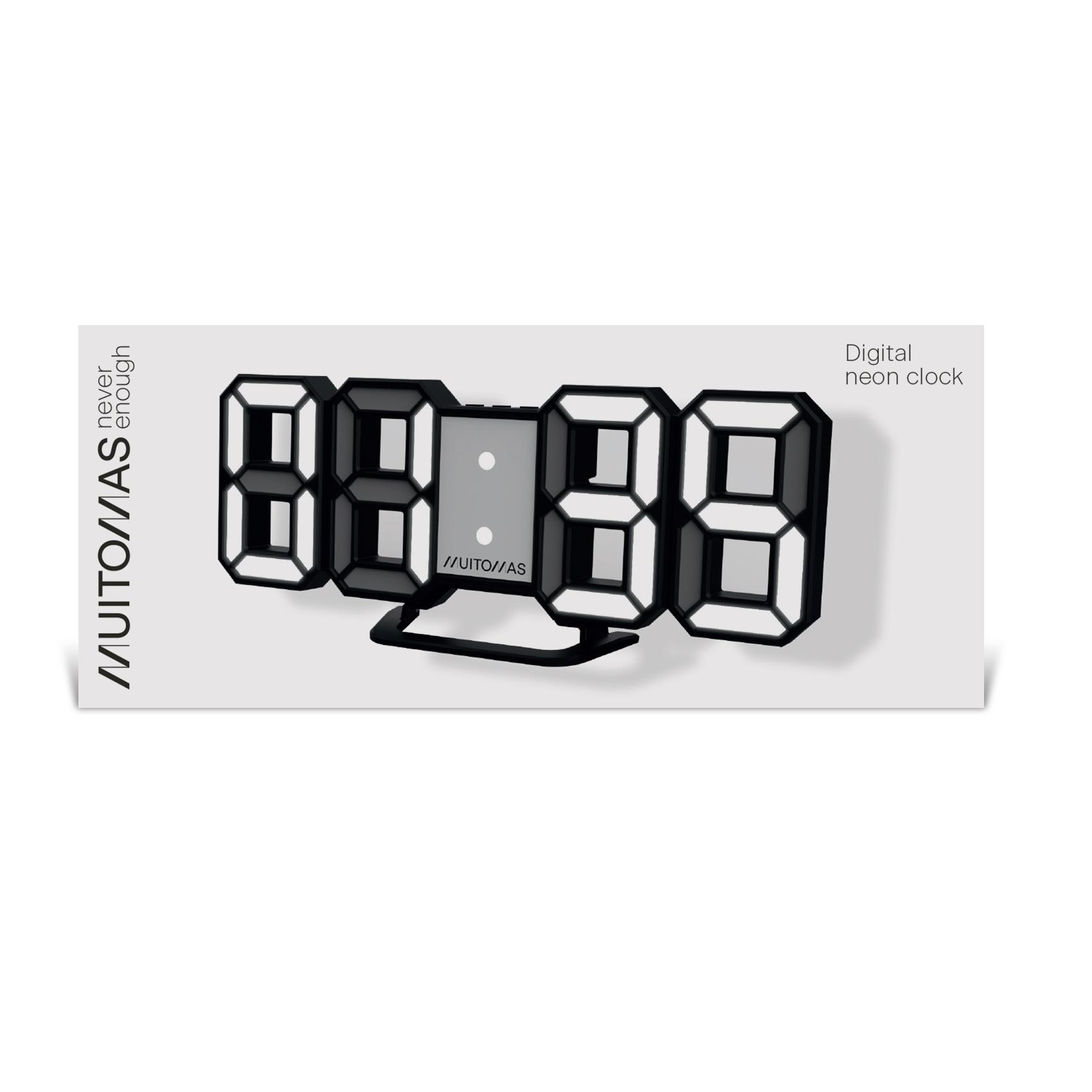 Orologio Sveglia Digitale a LED Muitomas NEONCLOCK Formato 12/24H Funzione Snooze Installazione Tavolo e Parete Alimentazione USB Bianco - Dettaglio 2