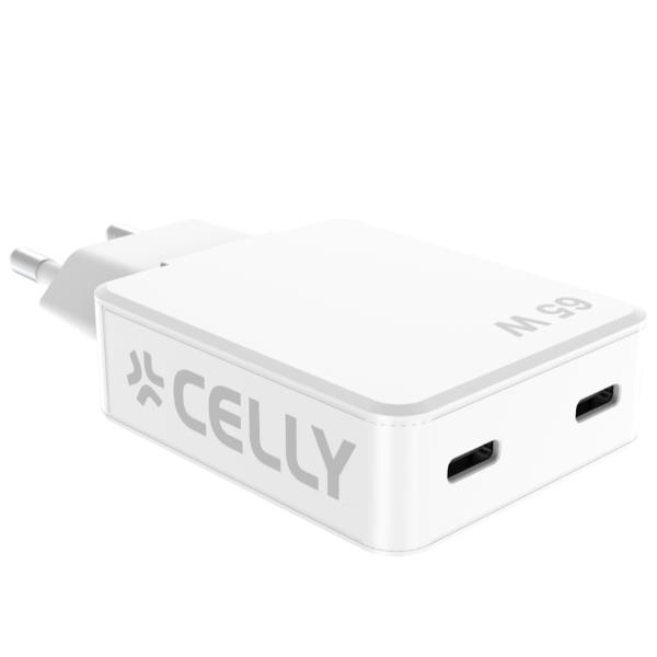 Caricabatterie da Rete Ultra Slim Celly GaN 65W Doppia Porta USB-C Power Delivery Spessore 1cm Bianco per Laptop Tablet e Smartphone
