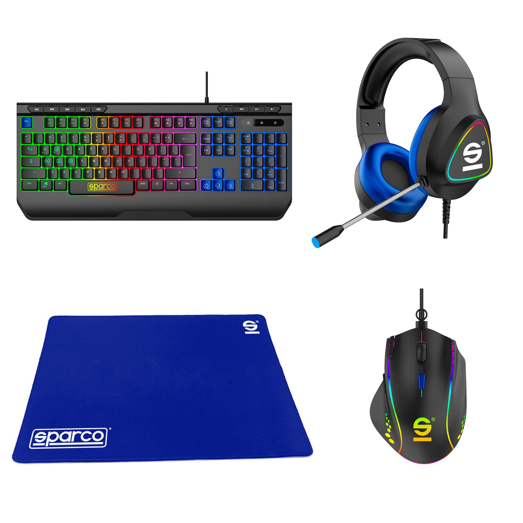 Kit Gaming 4in1 Sparco POLE POSITION SPGAMEKITPRO Tastiera RGB Layout USA Cuffie 50mm Mouse e Tappetino