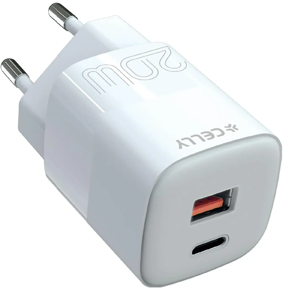 Caricabatterie da Rete Celly ProPower GaN 20W USB-C Power Delivery e USB-A Bianco per Smartphone Tablet e Smartwatch