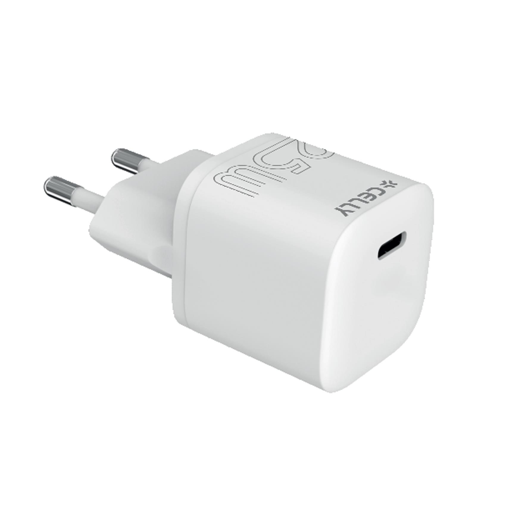 Caricabatterie da Rete Ultra Compact Celly 25W USB-C Power Delivery Bianco per Samsung e iPhone Ricarica Ultra Rapida