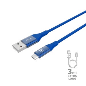 Cavo Celly da USB-A a USB-C in Silicone Soft-Touch 3m Blu Extra Lungo Ultra Resistente Ricarica Rapida 15W 3A Dati e Ricarica