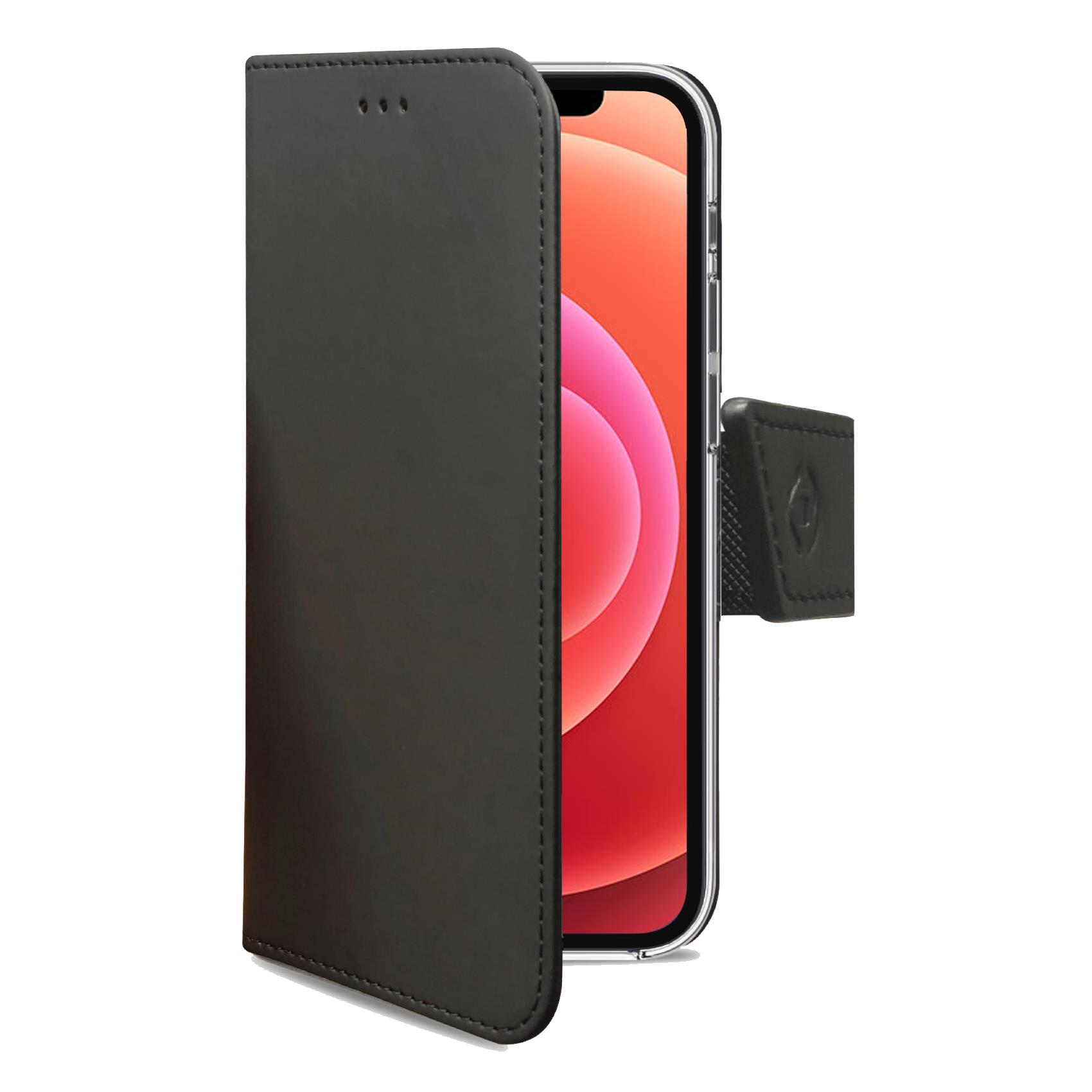 Custodia a Libro Portafoglio Celly WALLY per Apple iPhone 12 e iPhone 12 Pro in Similpelle con Vani Porta Tessere Chiusura Magnetica e Funzione Stand Nero