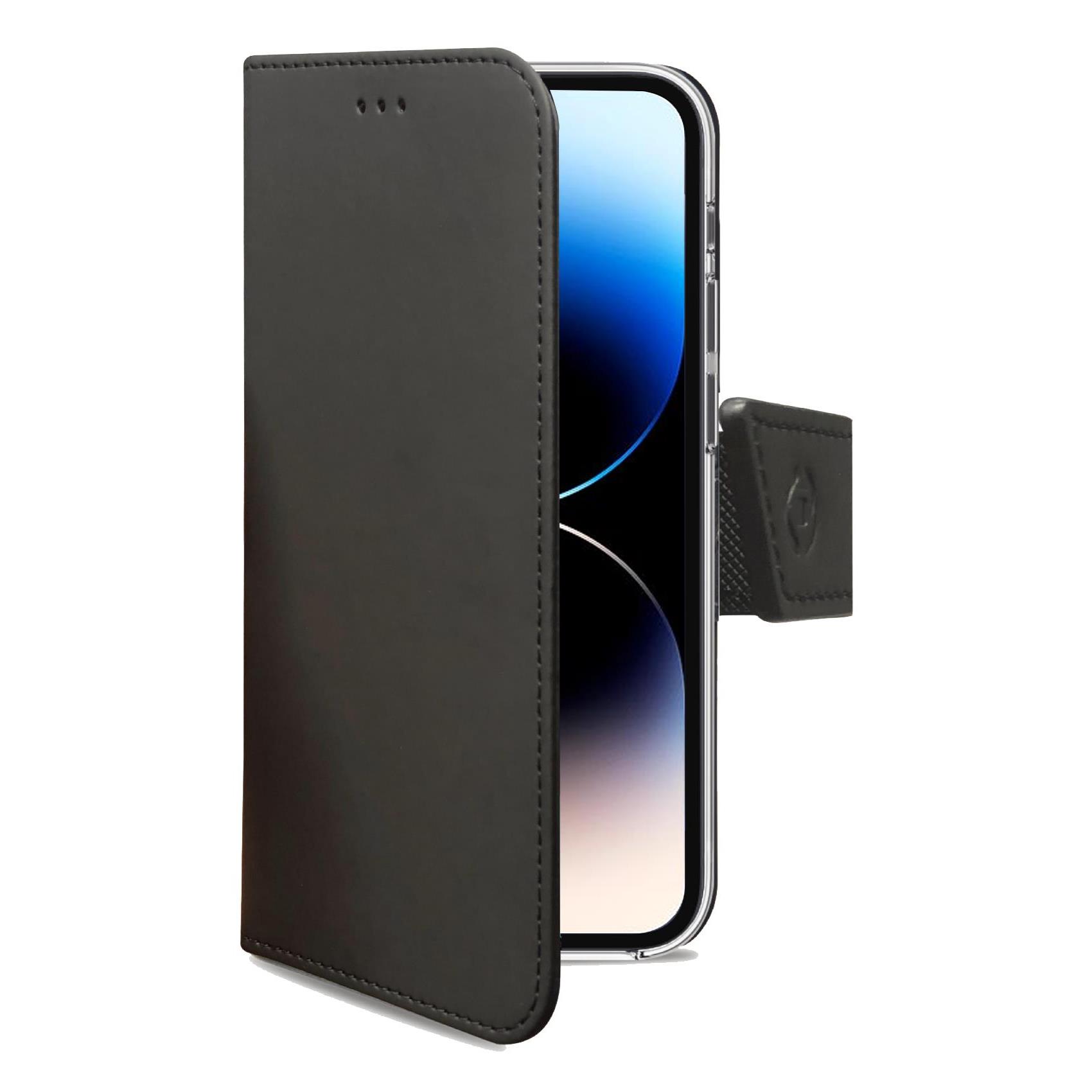 Custodia a Libro Celly WALLY per Apple iPhone 14 Pro Nera in Similpelle con Flap Magnetico Portacarte e Funzione Stand